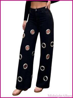 Unybwonn Women's Wide Leg High Waisted Jeans Metal Circle Ring Cut-Out